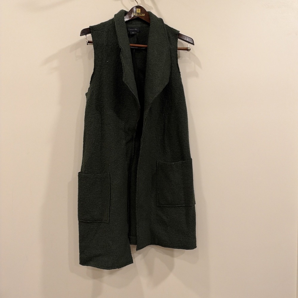 Tahari Wool Viscose Blend Sleeveless Open Front Cardigan Moss Green Women's S/P